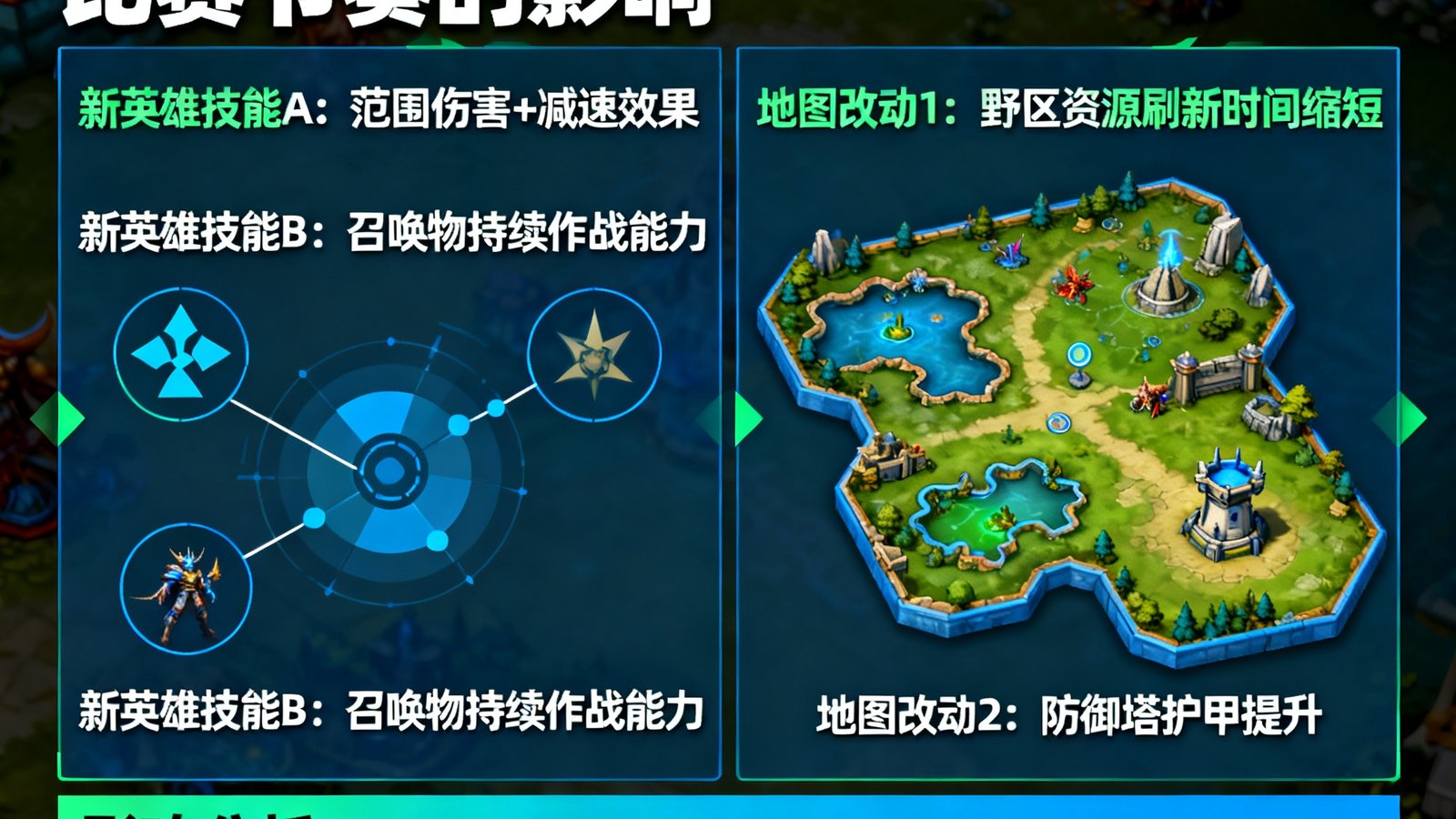 DOTA2 7.36版本更新内容解析文章配图，展示新英雄技能机制与地图改动对职业比赛节奏产生的影响示意图